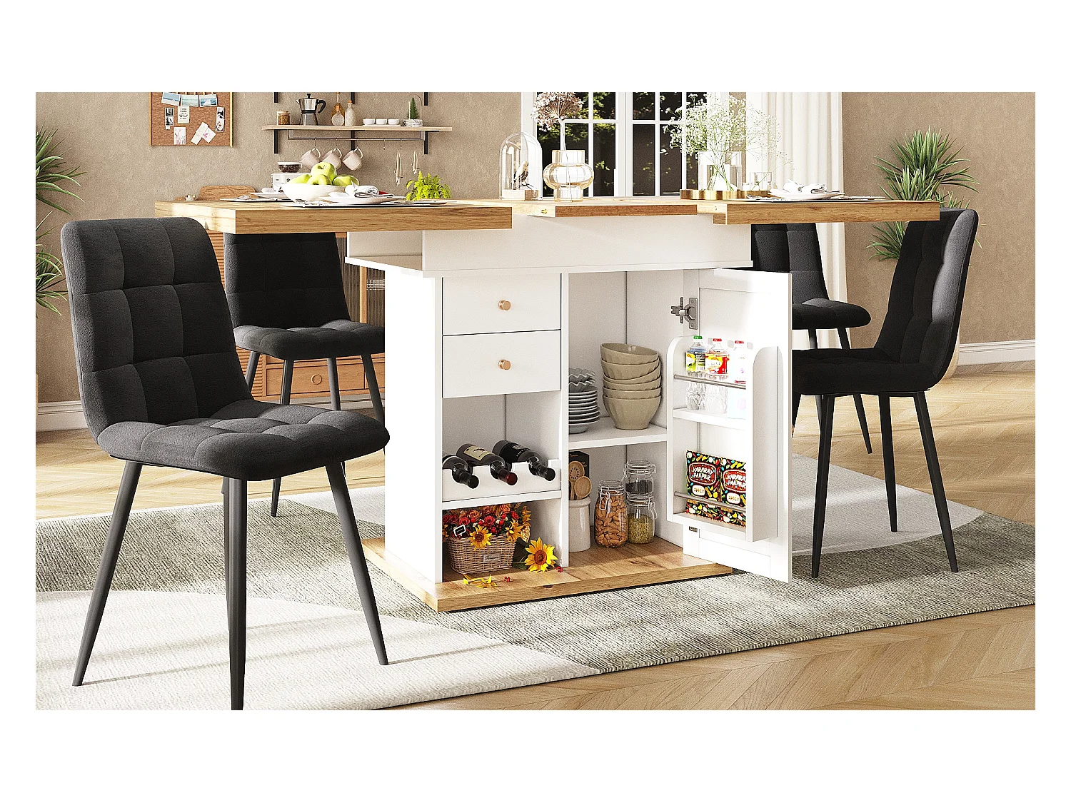 Table à manger pliable 4 - 6 places - 110-140 x 80 x 75 cm - extensible - avec 1 porte + 2 tiroirs - MDF - noir