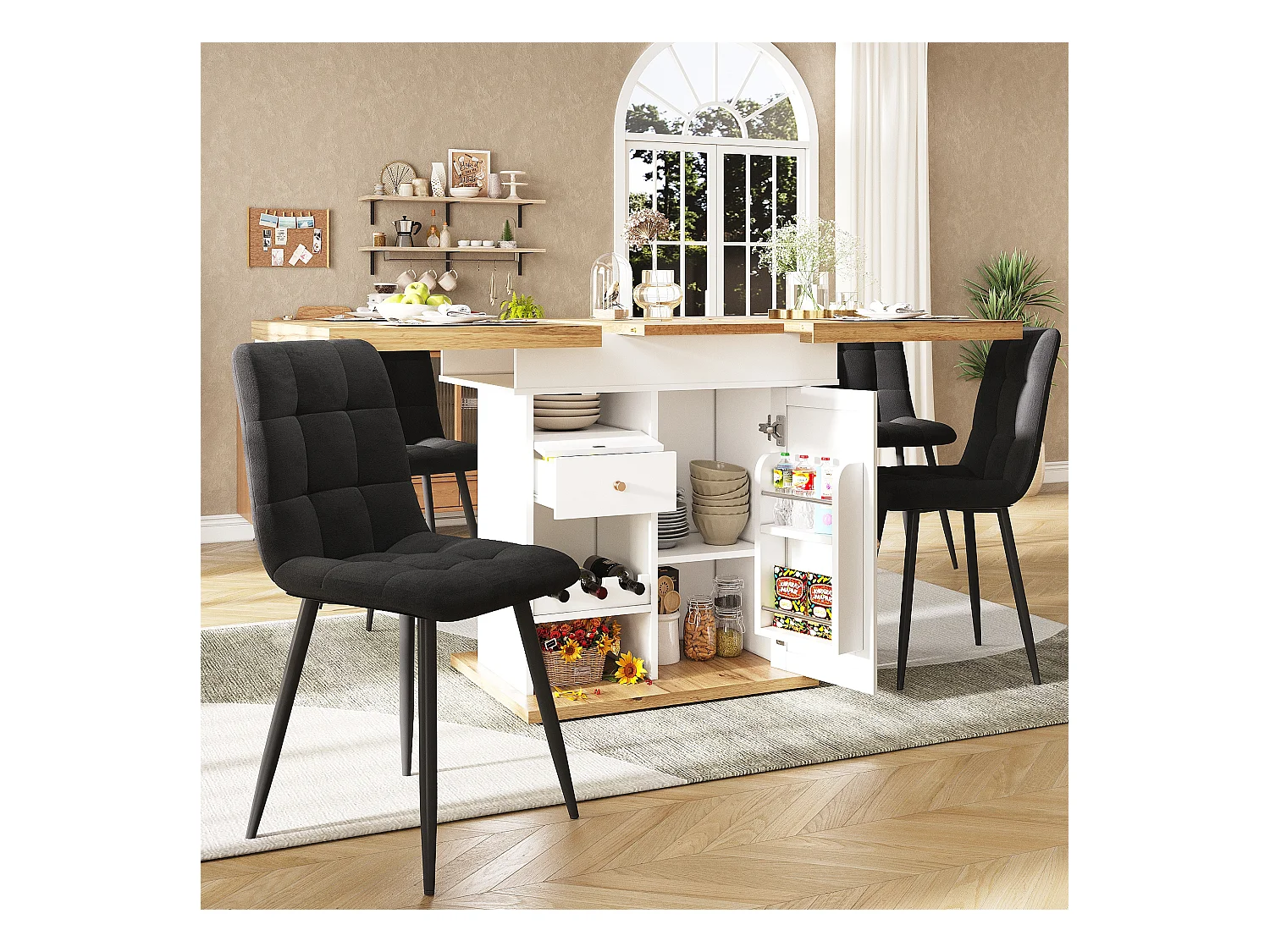 Table à manger pliable 4 - 6 places - 110-140 x 80 x 75 cm - extensible - avec 1 porte + 2 tiroirs - MDF - noir