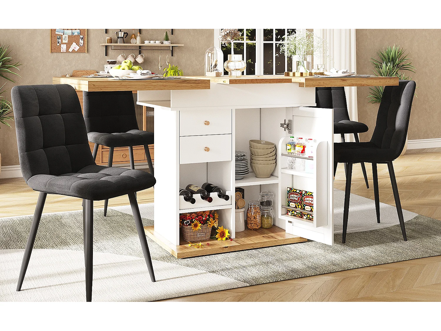 Klappbarer Esstisch 4 – 6 Plätze – 110-140 x 80 x 75 cm – ausziehbar – mit 1 Tür + 2 Schubladen – MDF – schwarz