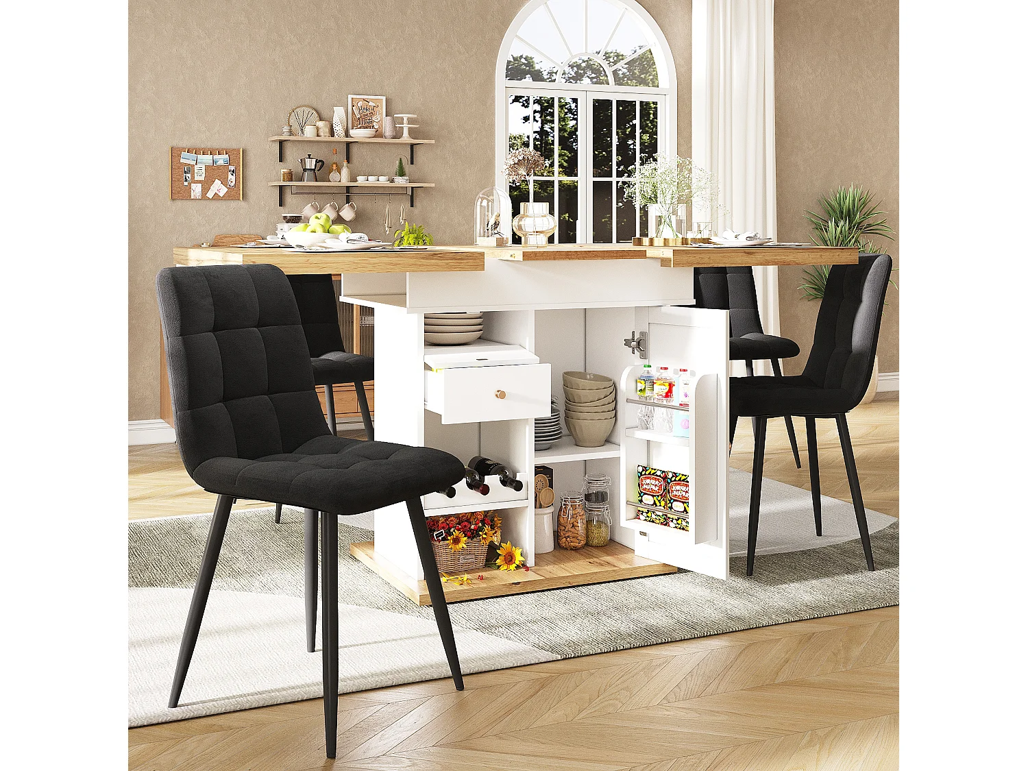 Klappbarer Esstisch 4 – 6 Plätze – 110-140 x 80 x 75 cm – ausziehbar – mit 1 Tür + 2 Schubladen – MDF – schwarz