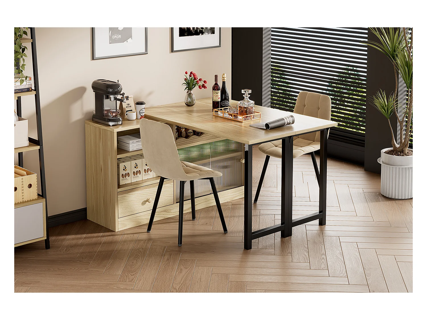 Table à manger pliante extensible - 120 x 40 x 75 cm - table mobile rotative à 360 mobile - rangement - naturel