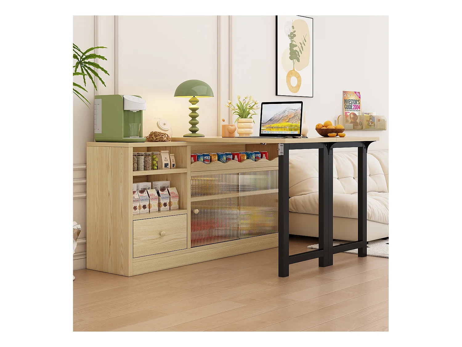 Table à manger pliante extensible - 120 x 40 x 75 cm - table mobile rotative à 360 mobile - rangement - naturel