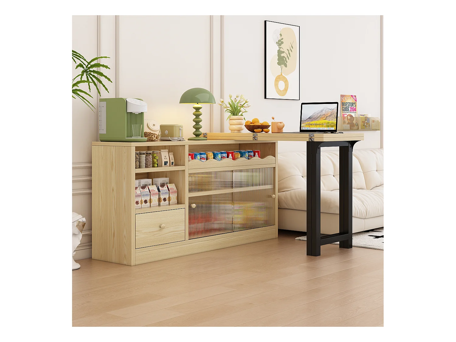 Table à manger pliante extensible - 120 x 40 x 75 cm - table mobile rotative à 360 mobile - rangement - naturel