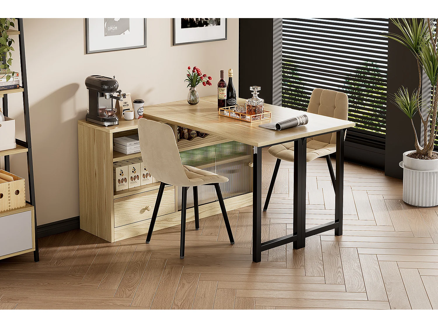 Table à manger pliante extensible - 120 x 40 x 75 cm - table mobile rotative à 360 mobile - rangement - naturel