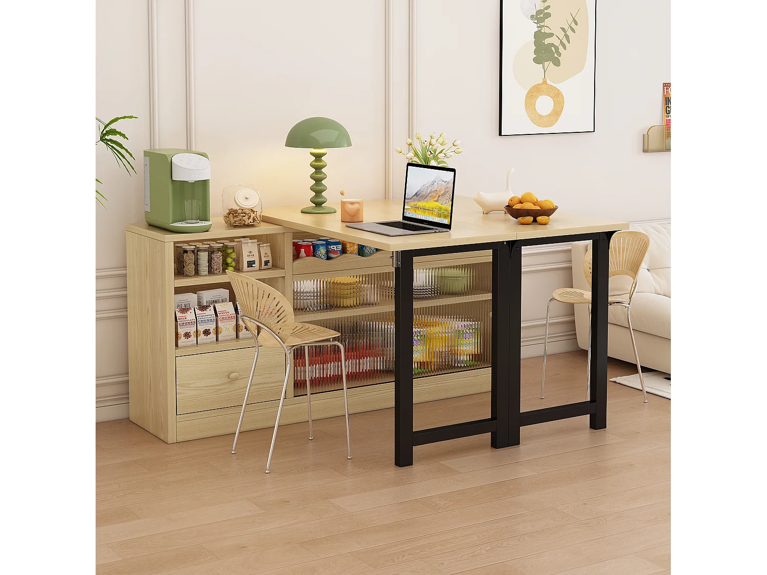 Table à manger pliante extensible - 120 x 40 x 75 cm - table mobile rotative à 360 mobile - rangement - naturel