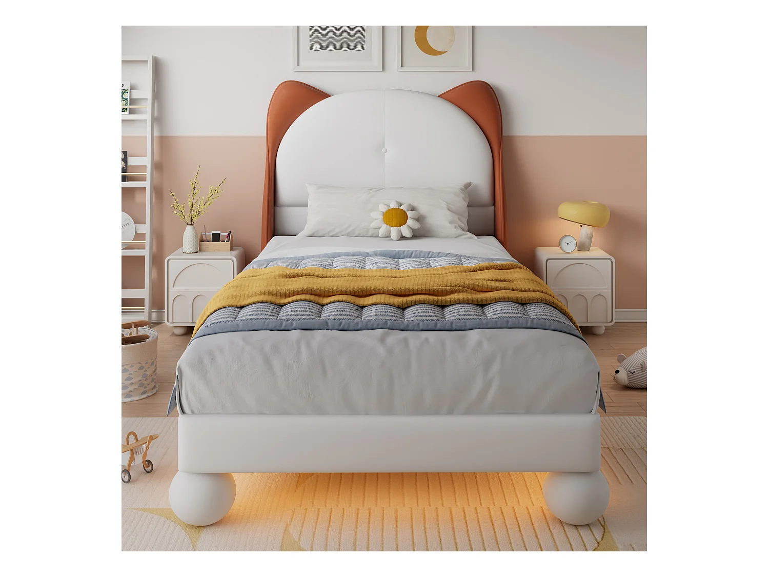 Lit rembourré enfant - 90 x 200 cm - avec tête de lit oreilles de chat + Leds - PU - beige