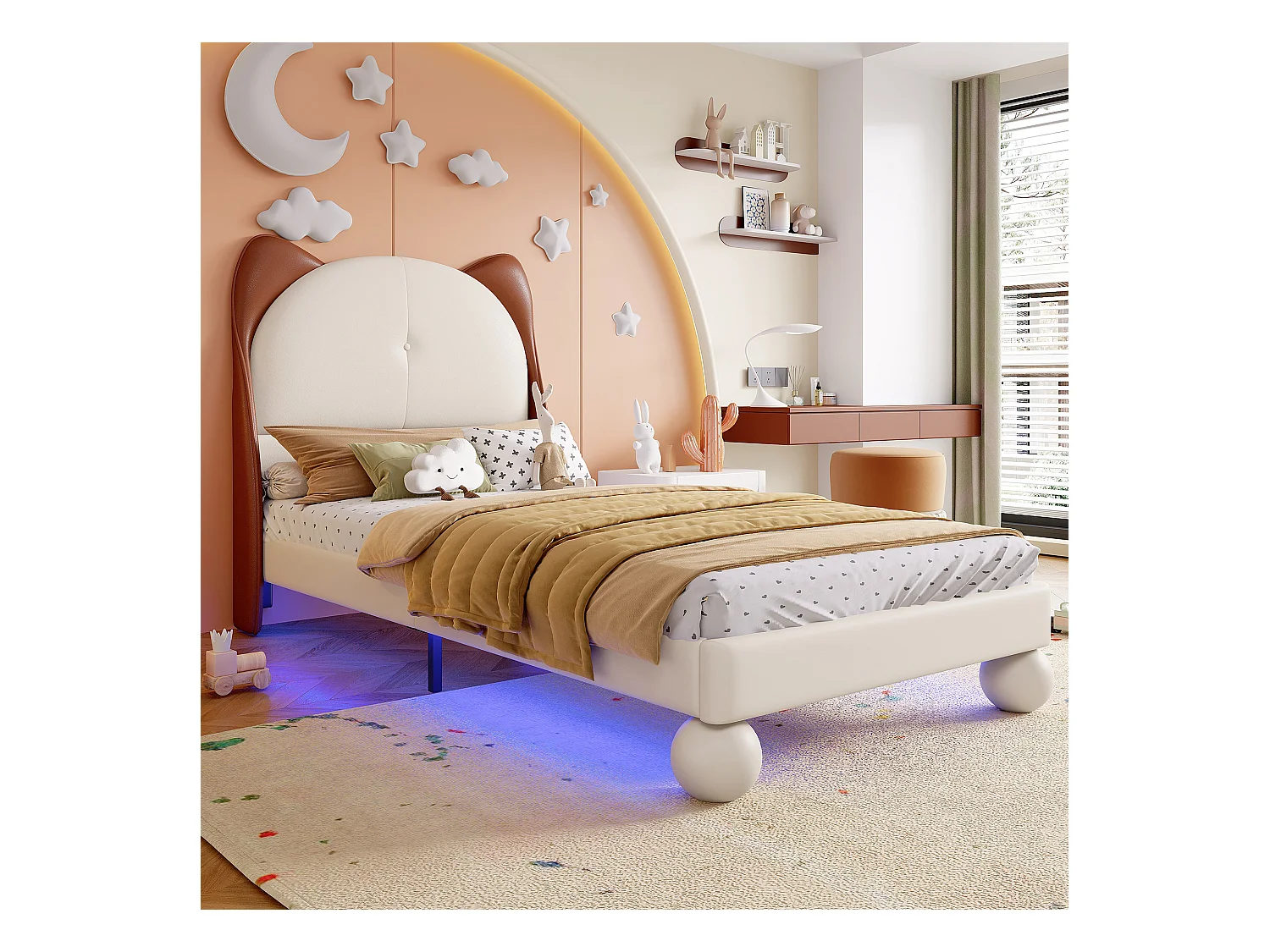 Lit rembourré enfant - 90 x 200 cm - avec tête de lit oreilles de chat + Leds - PU - beige
