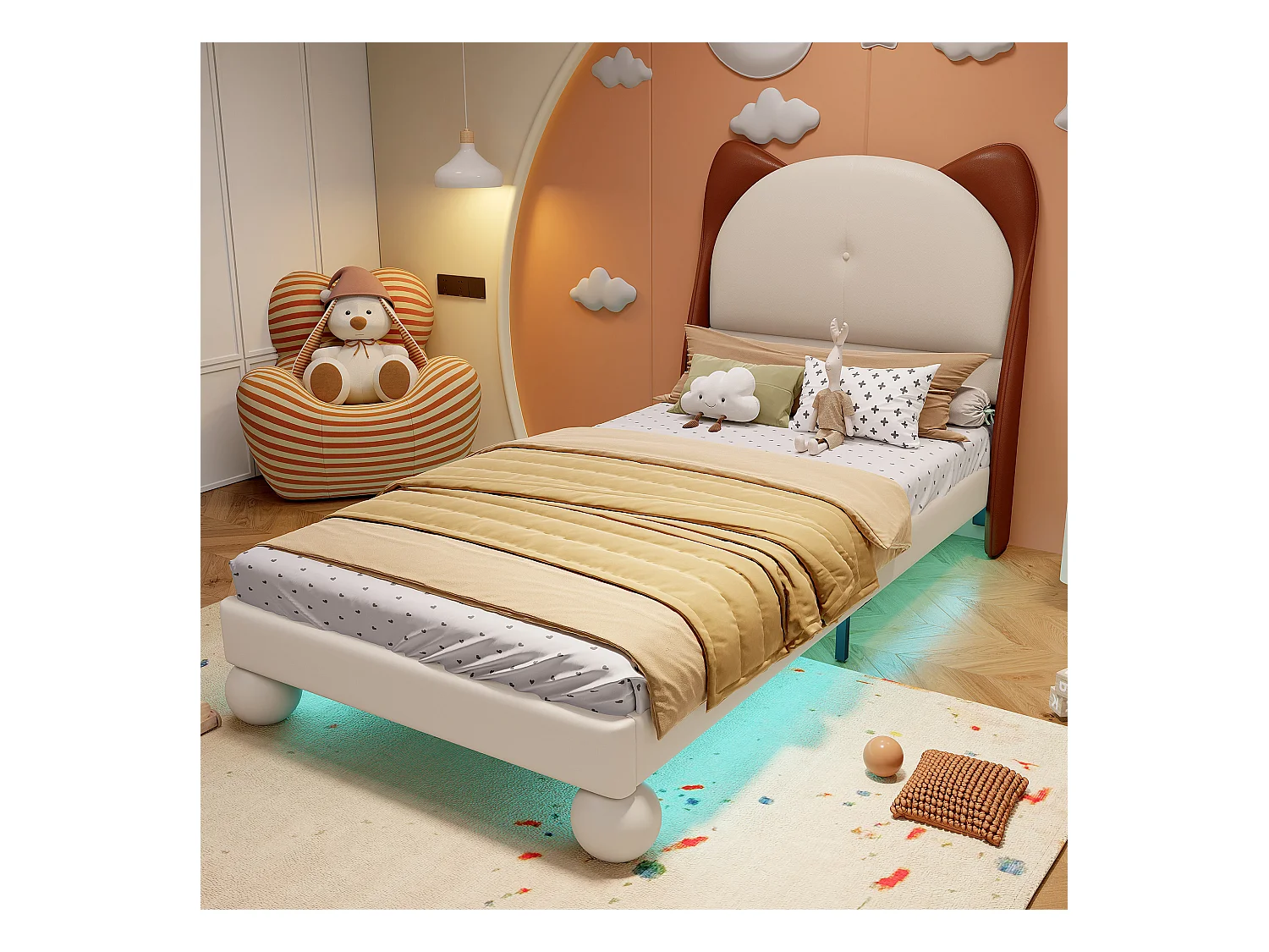 Lit rembourré enfant - 90 x 200 cm - avec tête de lit oreilles de chat + Leds - PU - beige