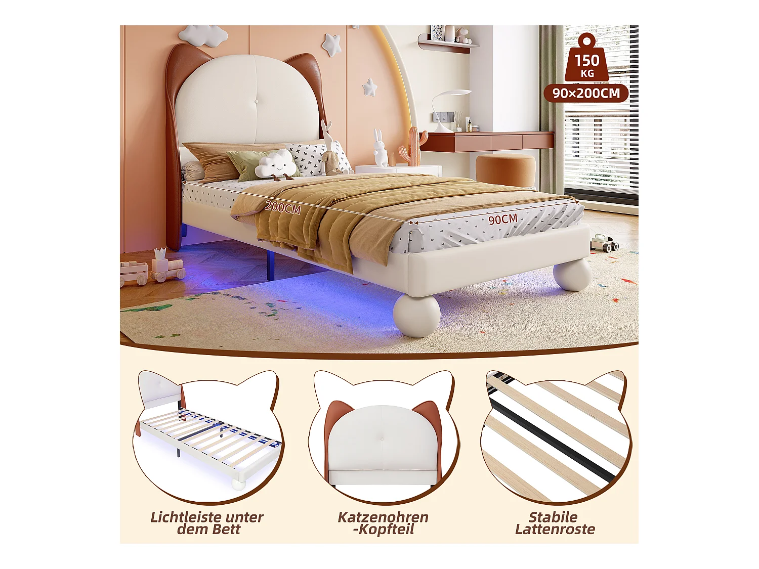 Lit rembourré enfant - 90 x 200 cm - avec tête de lit oreilles de chat + Leds - PU - beige
