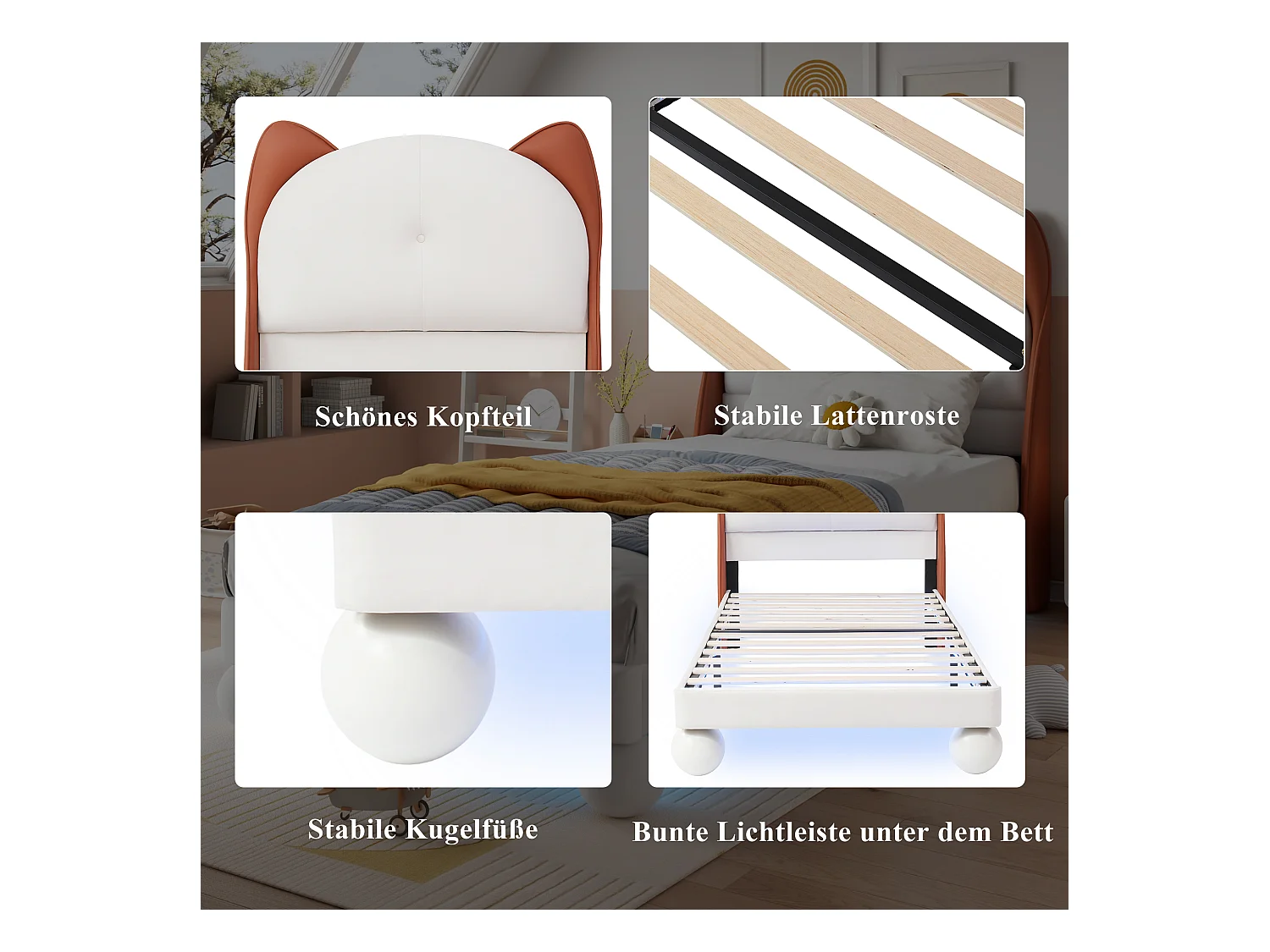 Lit rembourré enfant - 90 x 200 cm - avec tête de lit oreilles de chat + Leds - PU - beige