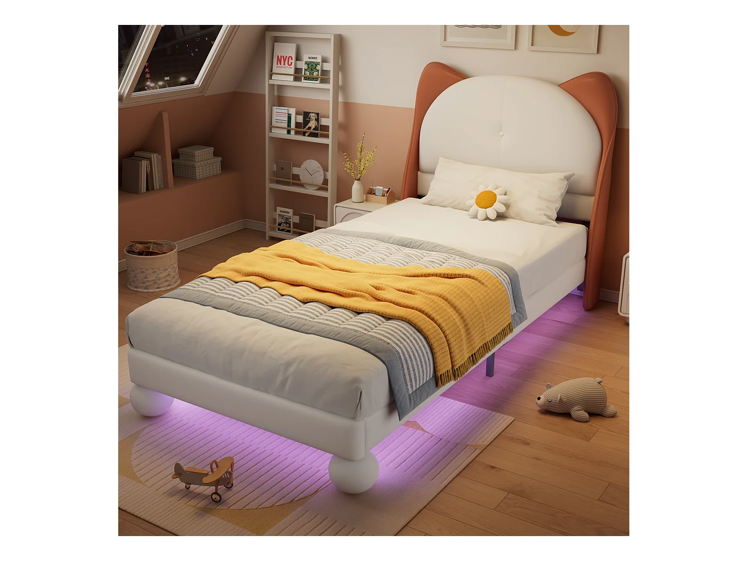 Kinder-Polsterbett - 90 x 200 cm - mit Katzenohren-Kopfteil + LEDs - PU - Beige