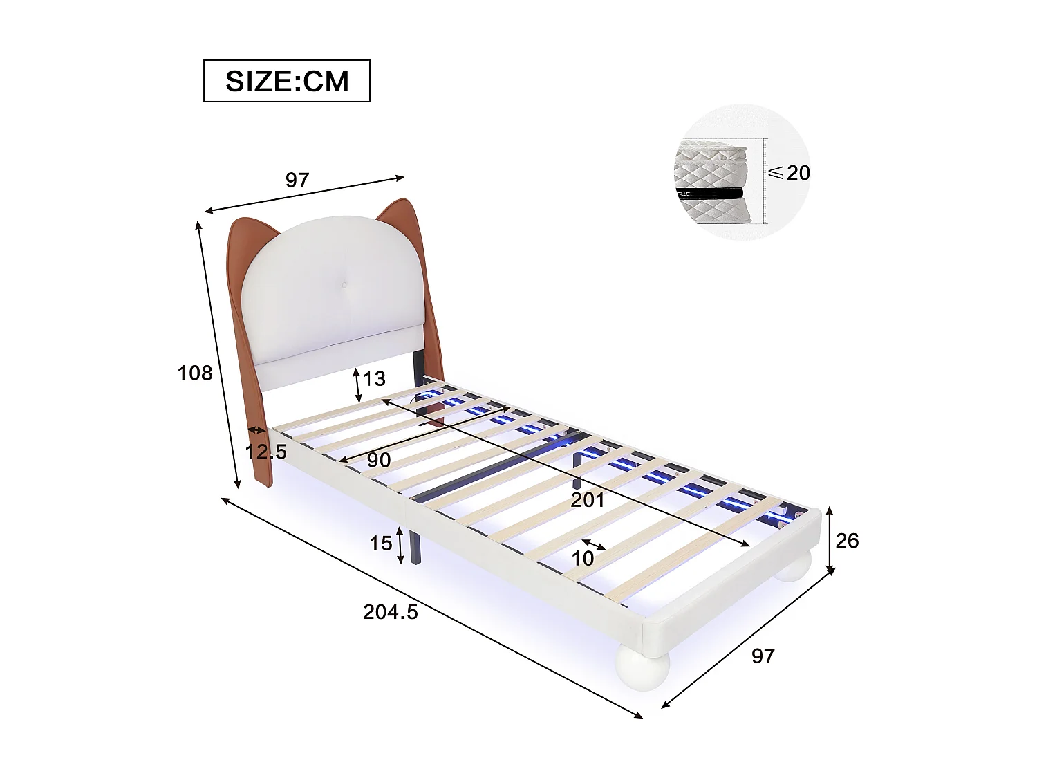 Lit rembourré enfant - 90 x 200 cm - avec tête de lit oreilles de chat + Leds - PU - beige
