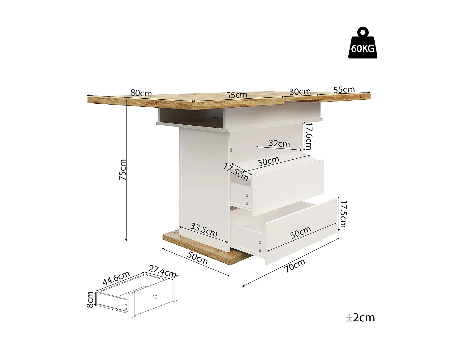 Klappbarer Esstisch für 4 – 6 Personen – 110-140 x 80 x 75 cm – ausziehbar – mit 1 Tür + 2 Schubladen – MDF – weiß
