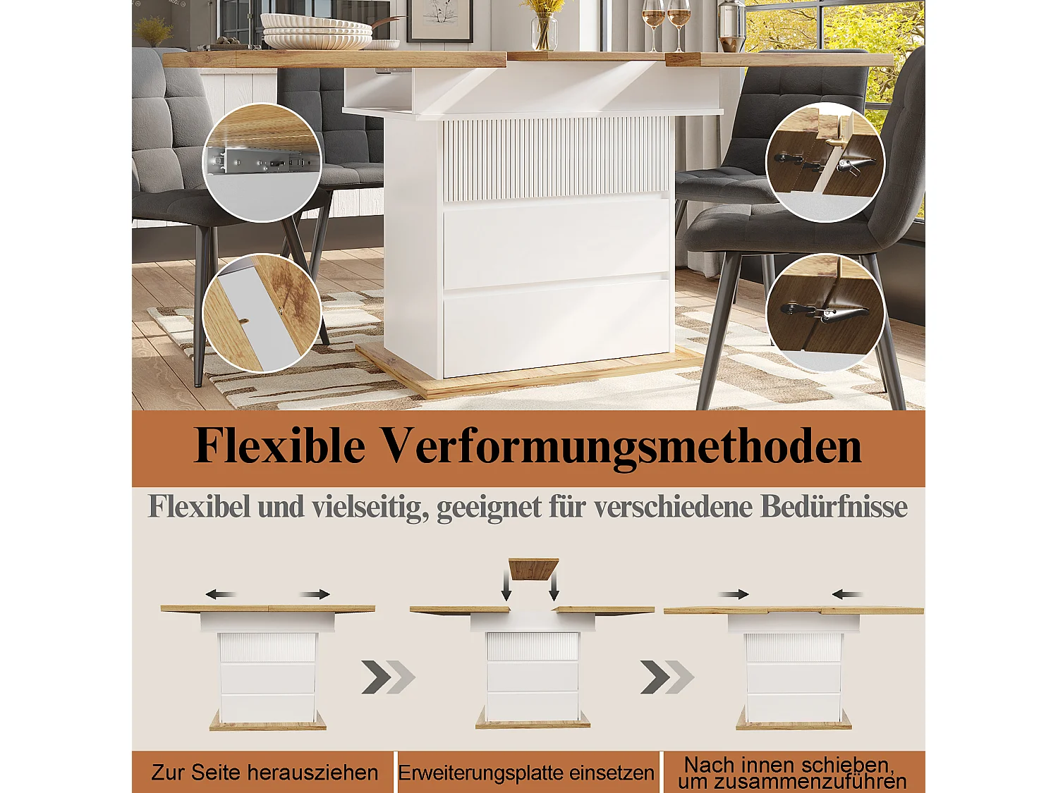Klappbarer Esstisch für 4 – 6 Personen – 110-140 x 80 x 75 cm – ausziehbar – mit 1 Tür + 2 Schubladen – MDF – weiß