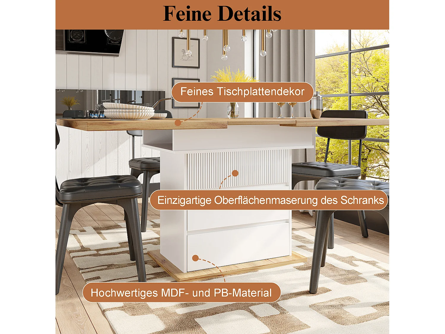 Klappbarer Esstisch für 4 – 6 Personen – 110-140 x 80 x 75 cm – ausziehbar – mit 1 Tür + 2 Schubladen – MDF – weiß