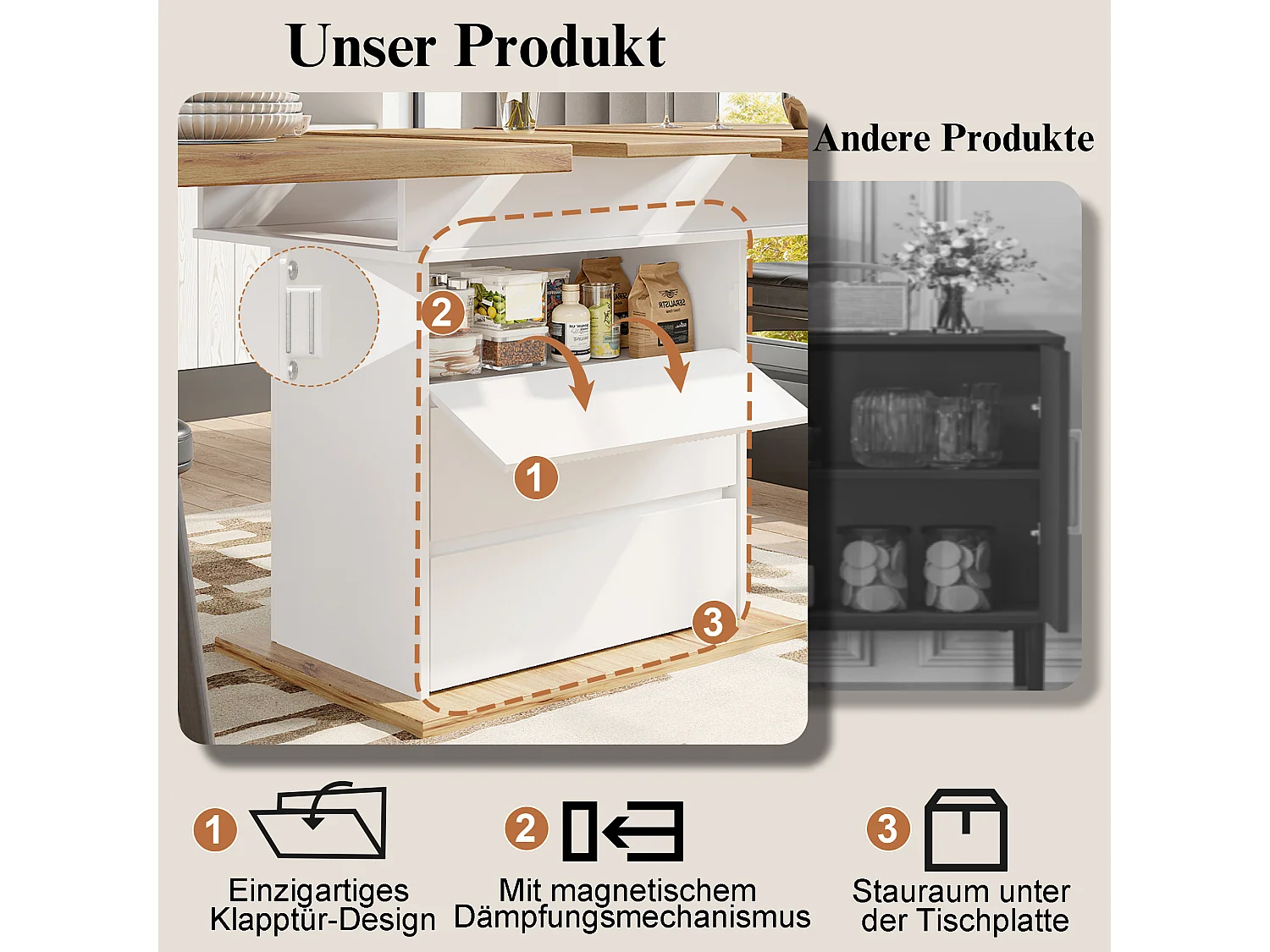 Klappbarer Esstisch für 4 – 6 Personen – 110-140 x 80 x 75 cm – ausziehbar – mit 1 Tür + 2 Schubladen – MDF – weiß