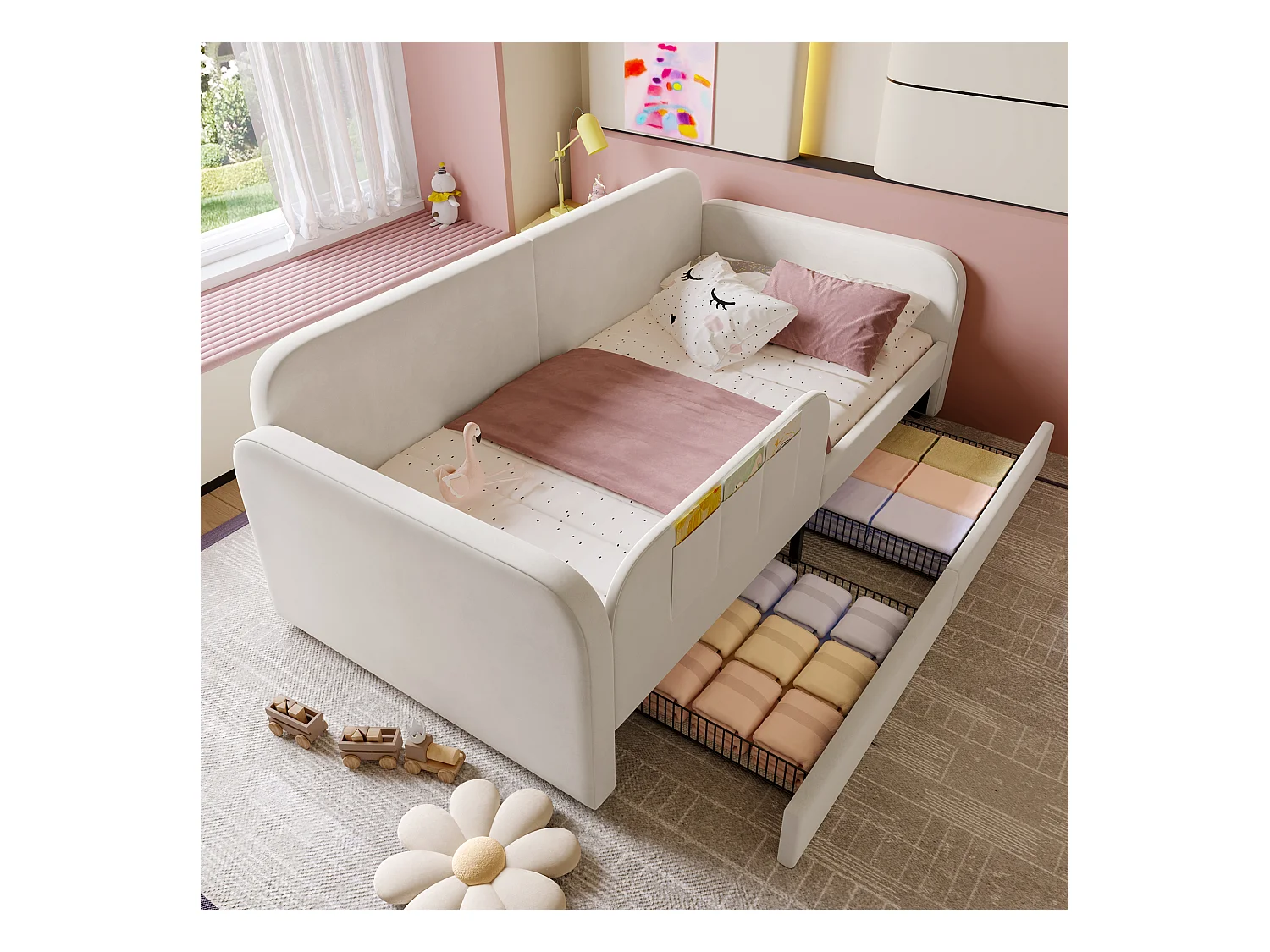 Canapé -lit enfant rembourré - 90 x 200 cm - avec 2 tiroirs - velours + MDF - blanc