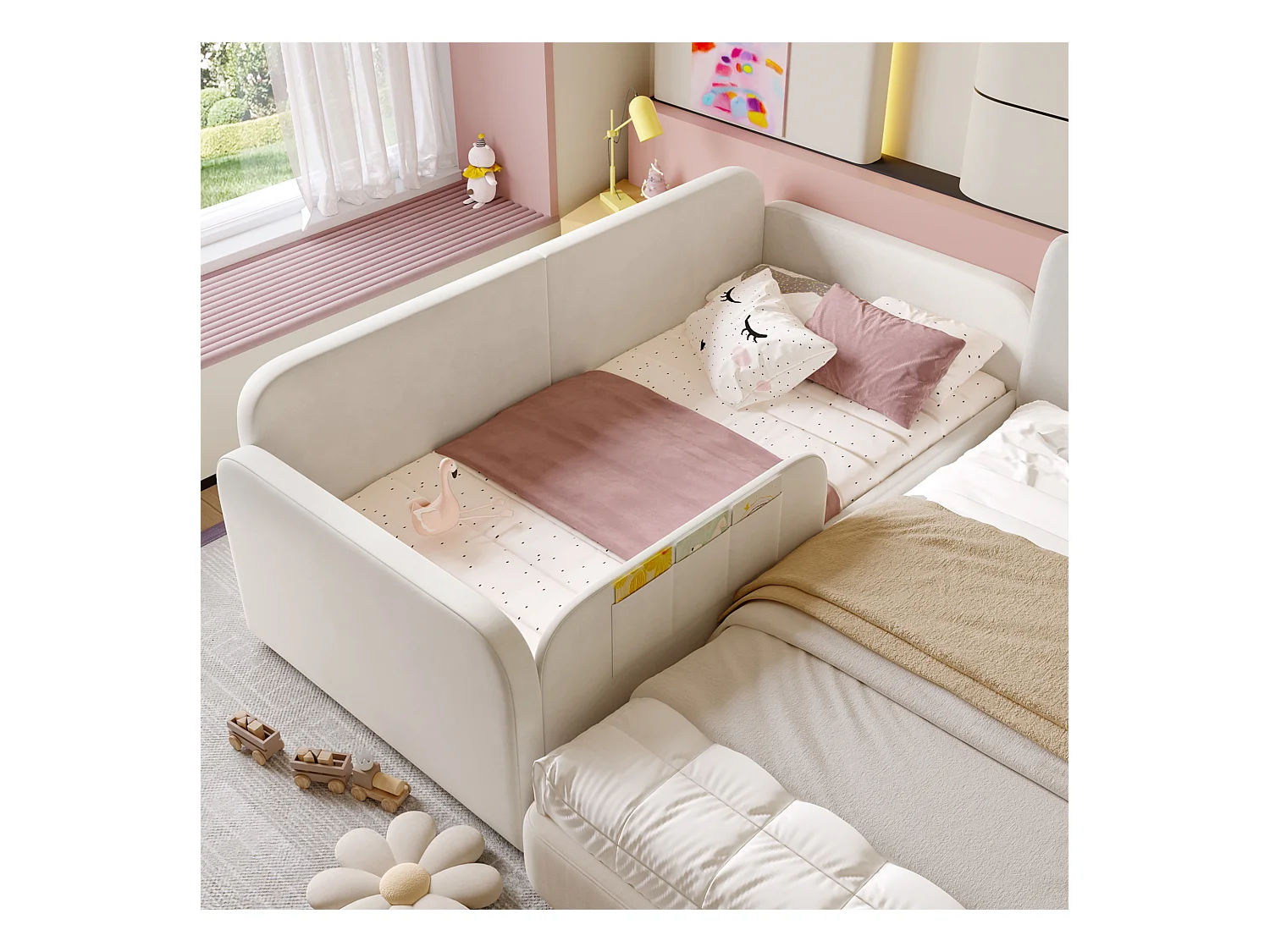 Canapé -lit enfant rembourré - 90 x 200 cm - avec 2 tiroirs - velours + MDF - blanc