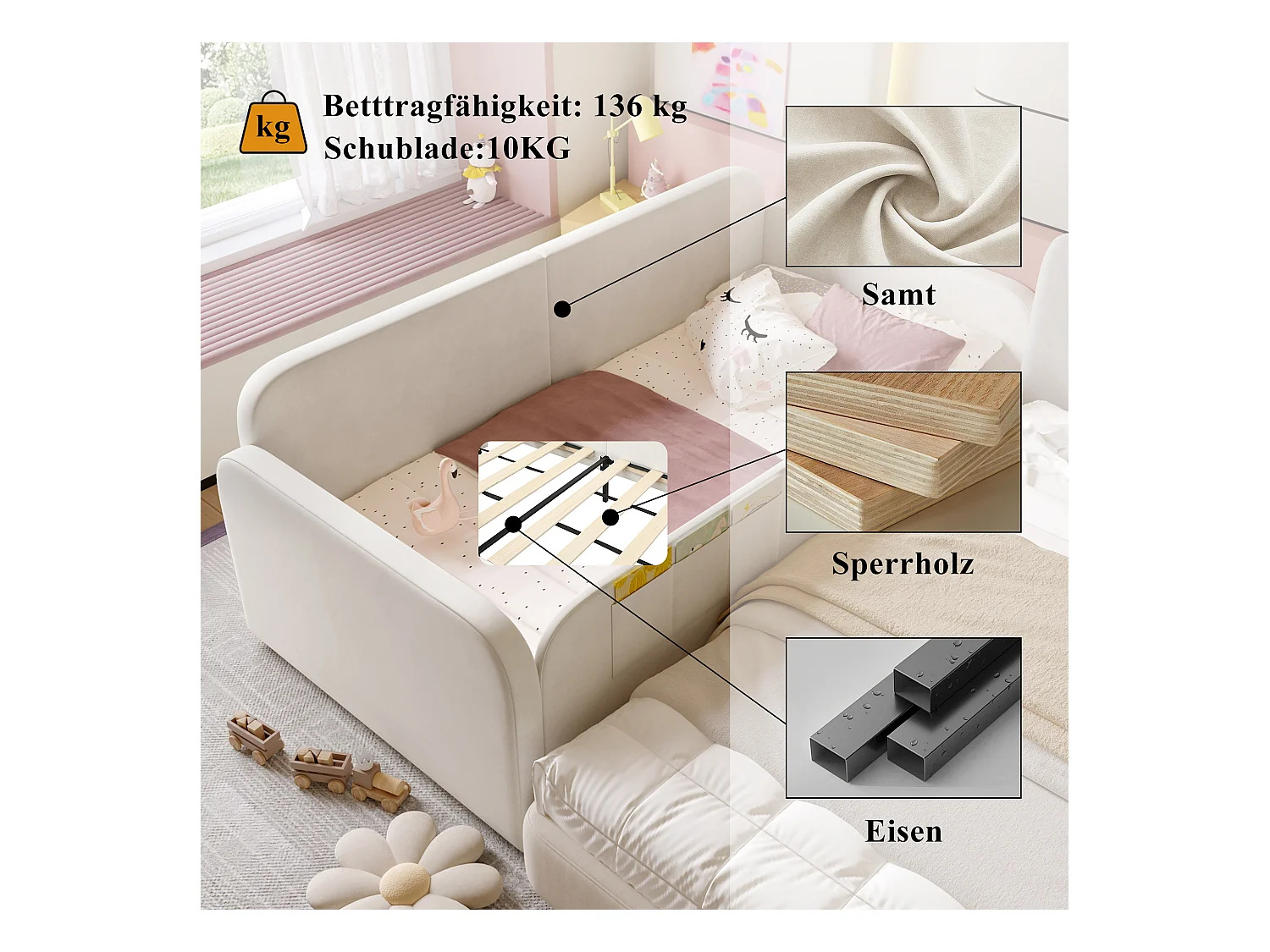 Canapé -lit enfant rembourré - 90 x 200 cm - avec 2 tiroirs - velours + MDF - blanc