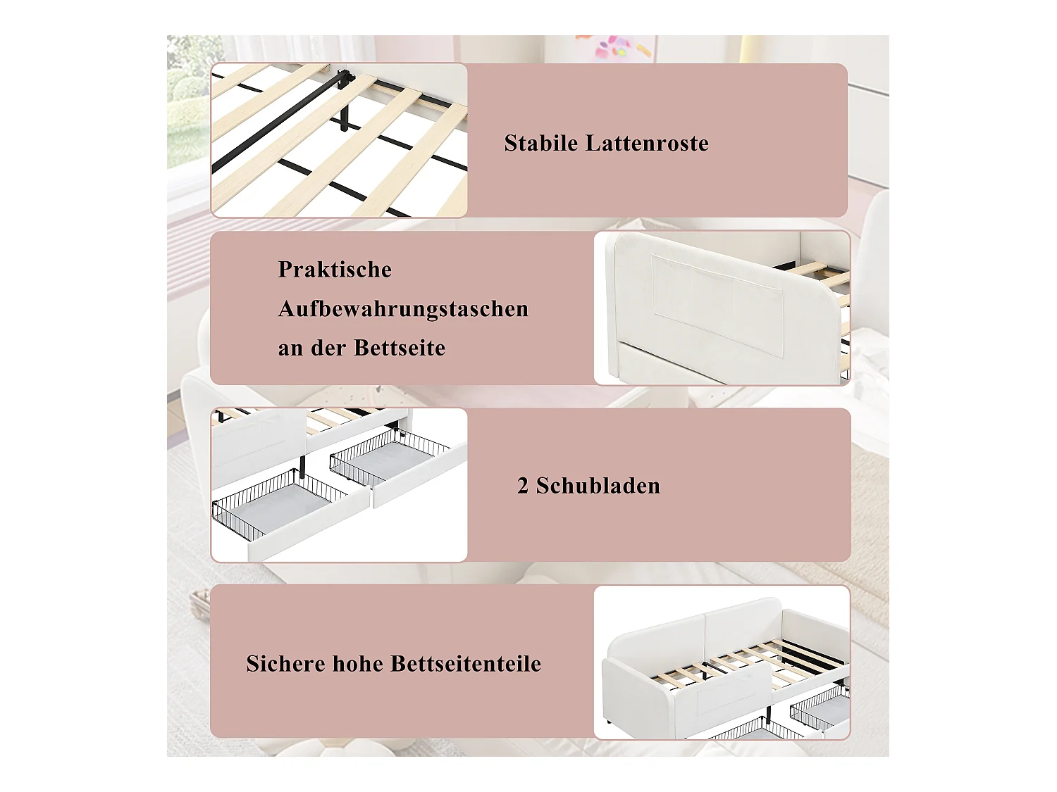 Canapé -lit enfant rembourré - 90 x 200 cm - avec 2 tiroirs - velours + MDF - blanc
