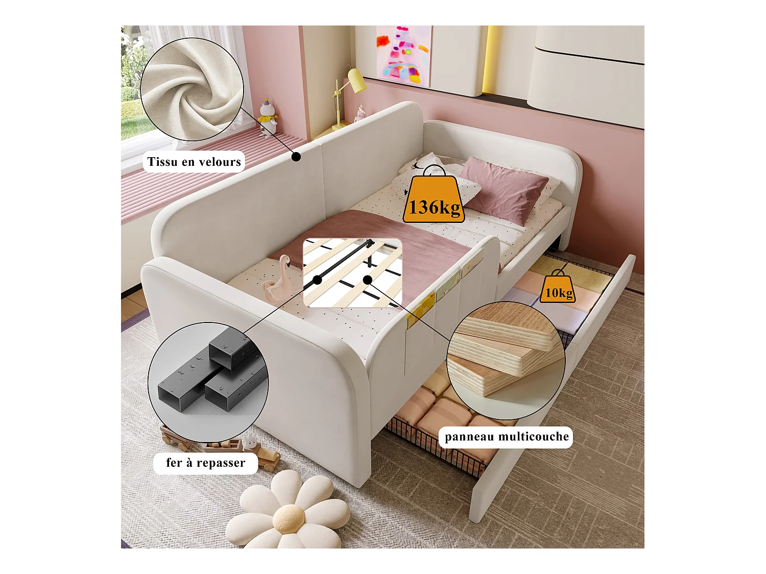 Canapé -lit enfant rembourré - 90 x 200 cm - avec 2 tiroirs - velours + MDF - blanc