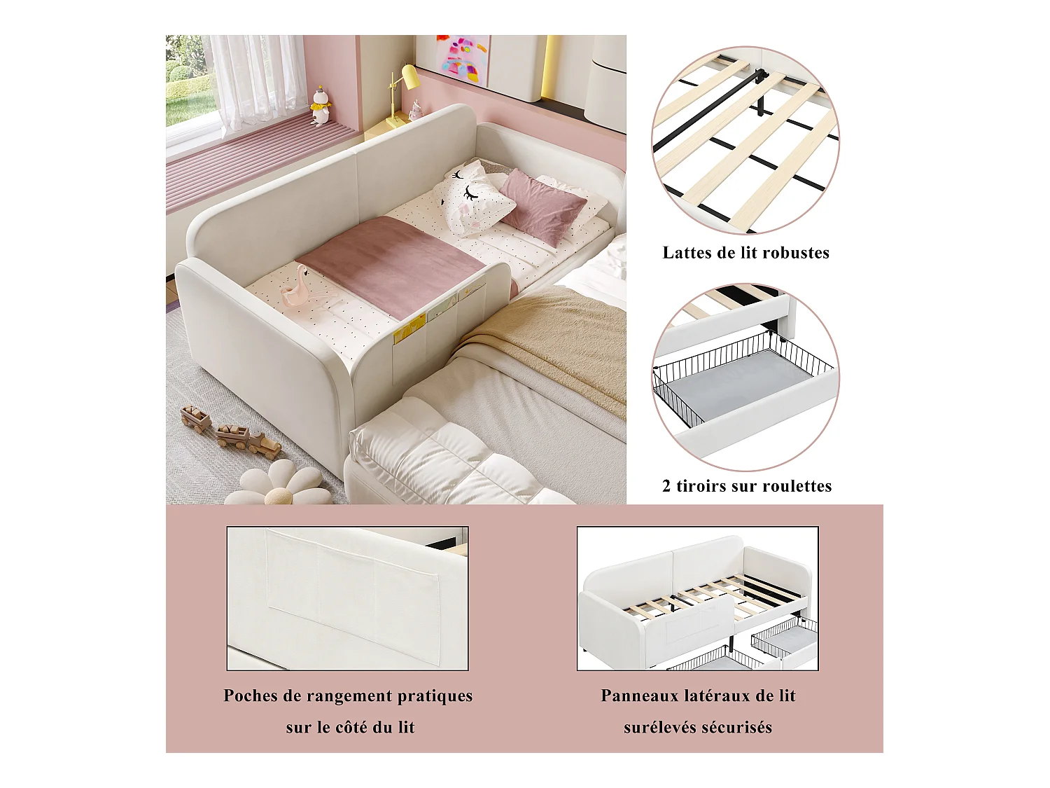 Canapé -lit enfant rembourré - 90 x 200 cm - avec 2 tiroirs - velours + MDF - blanc