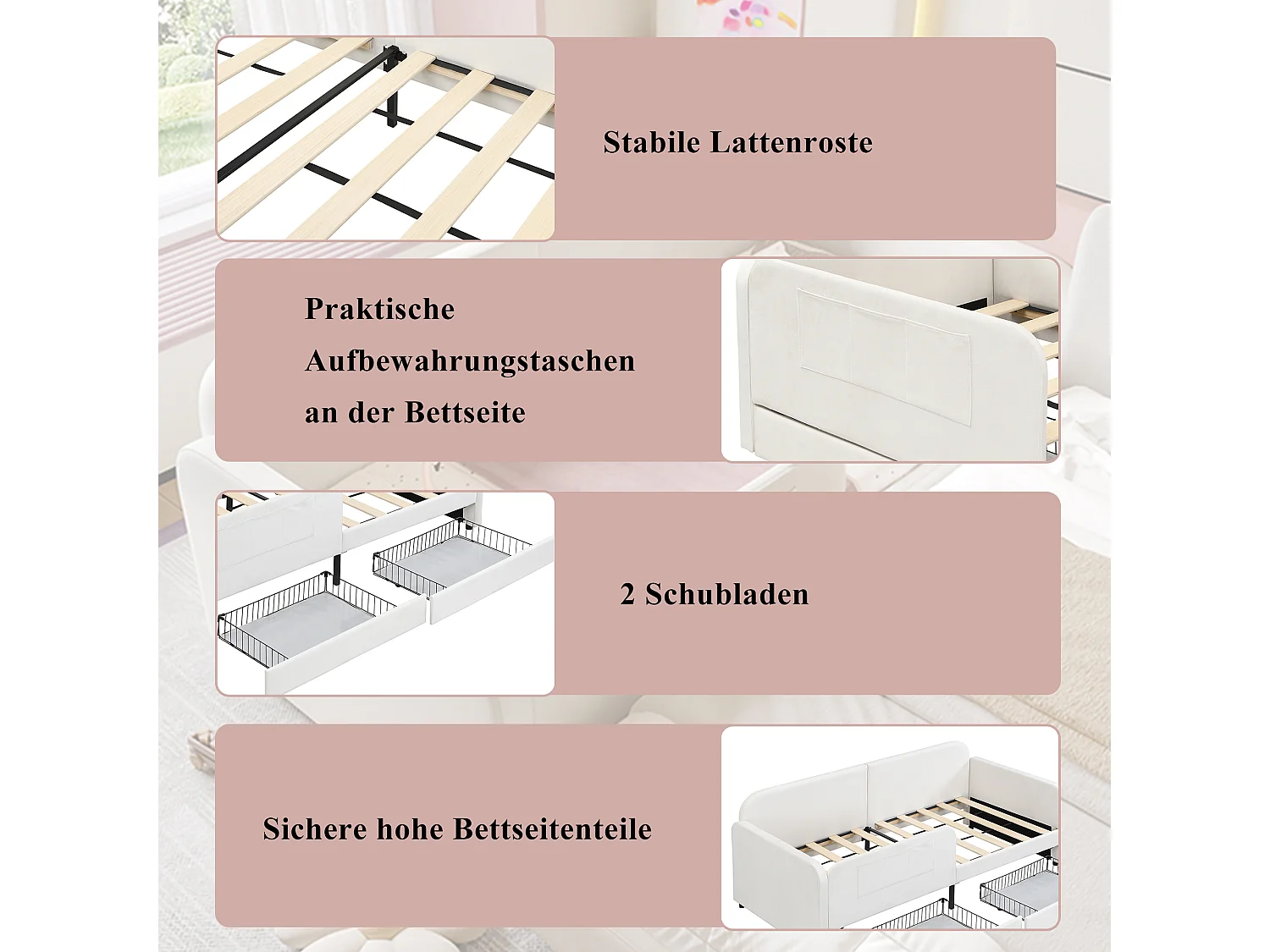 Canapé -lit enfant rembourré - 90 x 200 cm - avec 2 tiroirs - velours + MDF - blanc