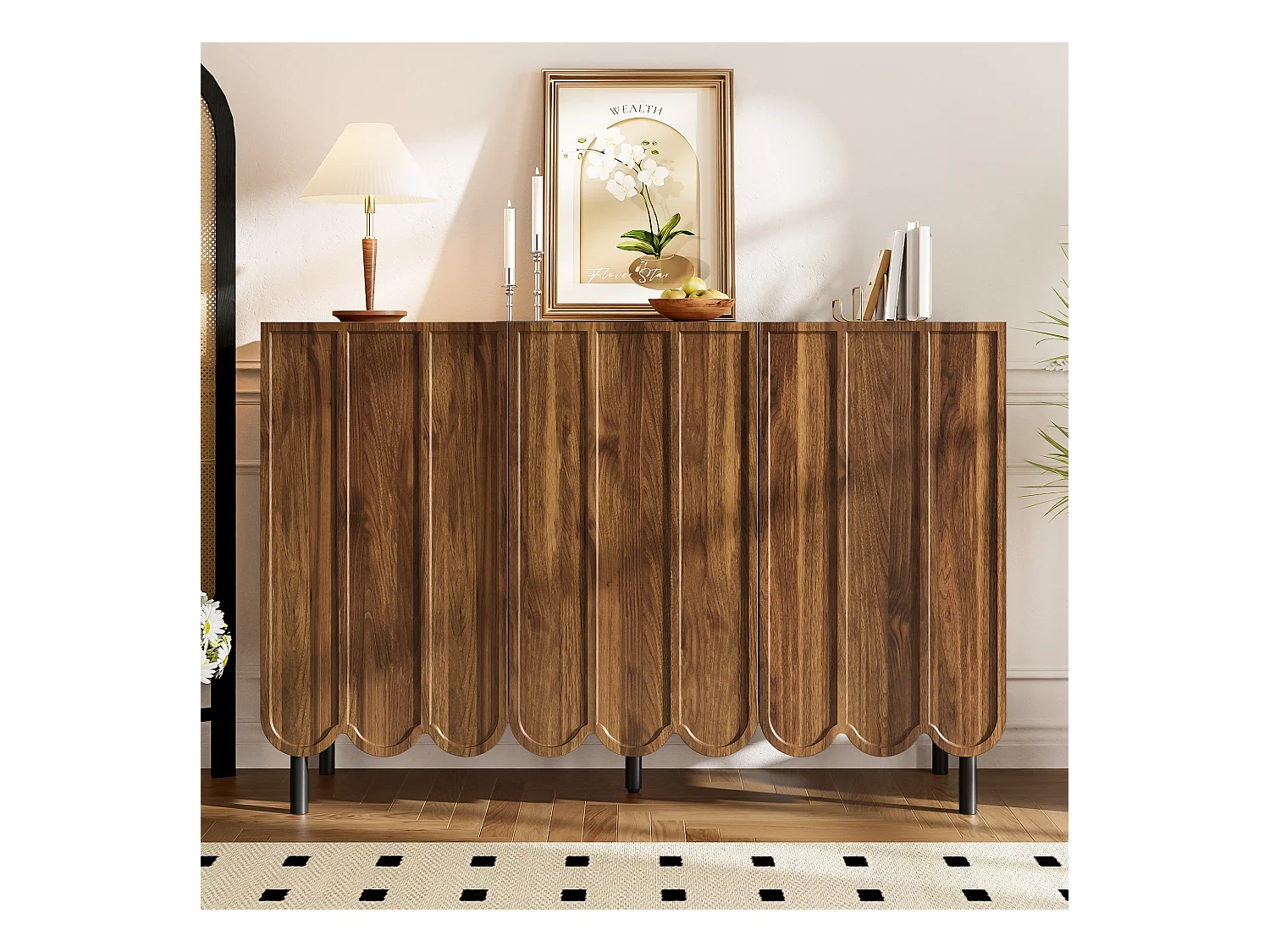 Nowoczesna komoda z falistymi drzwiami - 120 x 35 x 80 cm - z regulowanymi półkami - MDF - ciemny naturalny