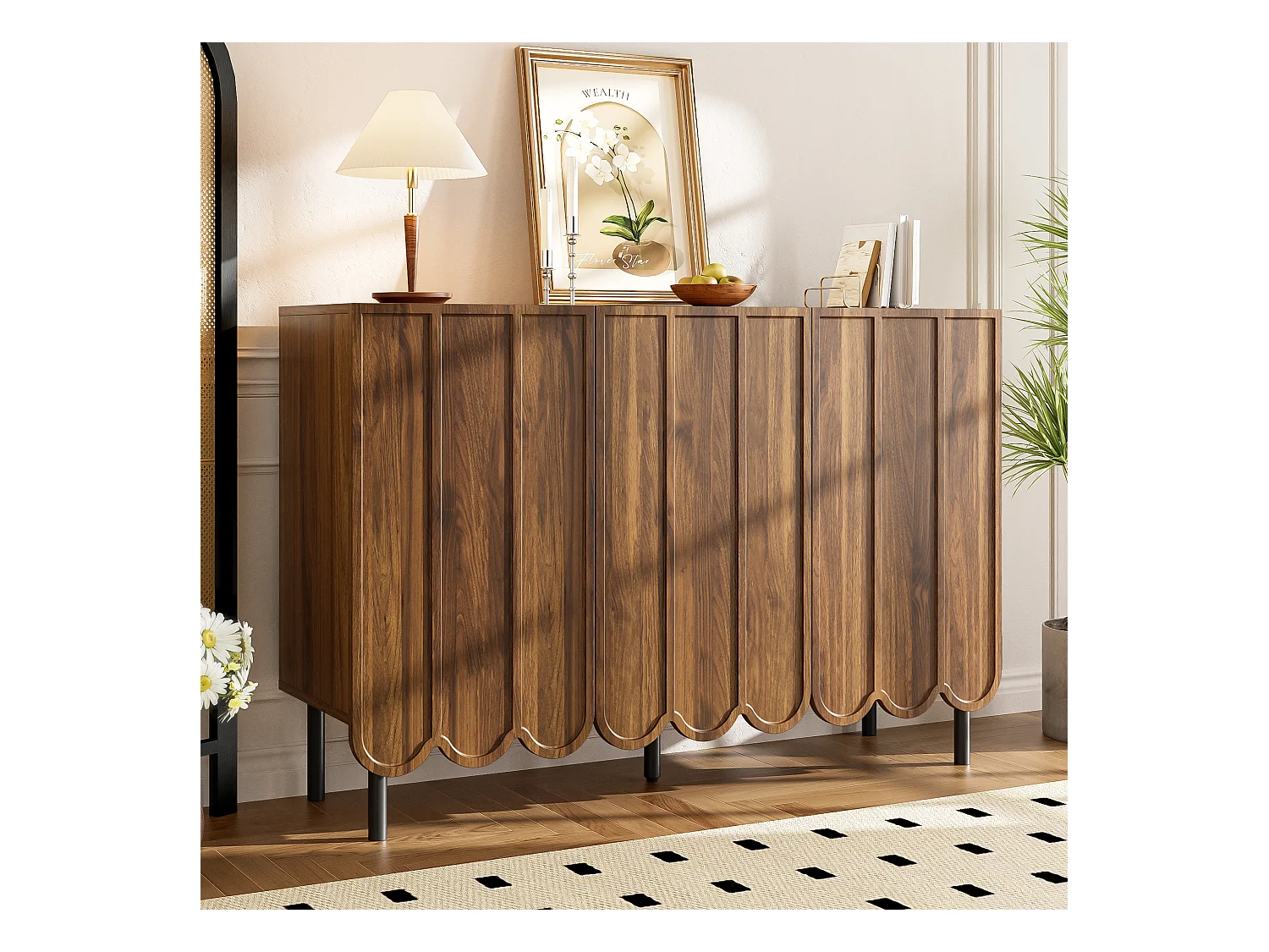 Nowoczesna komoda z falistymi drzwiami - 120 x 35 x 80 cm - z regulowanymi półkami - MDF - ciemny naturalny