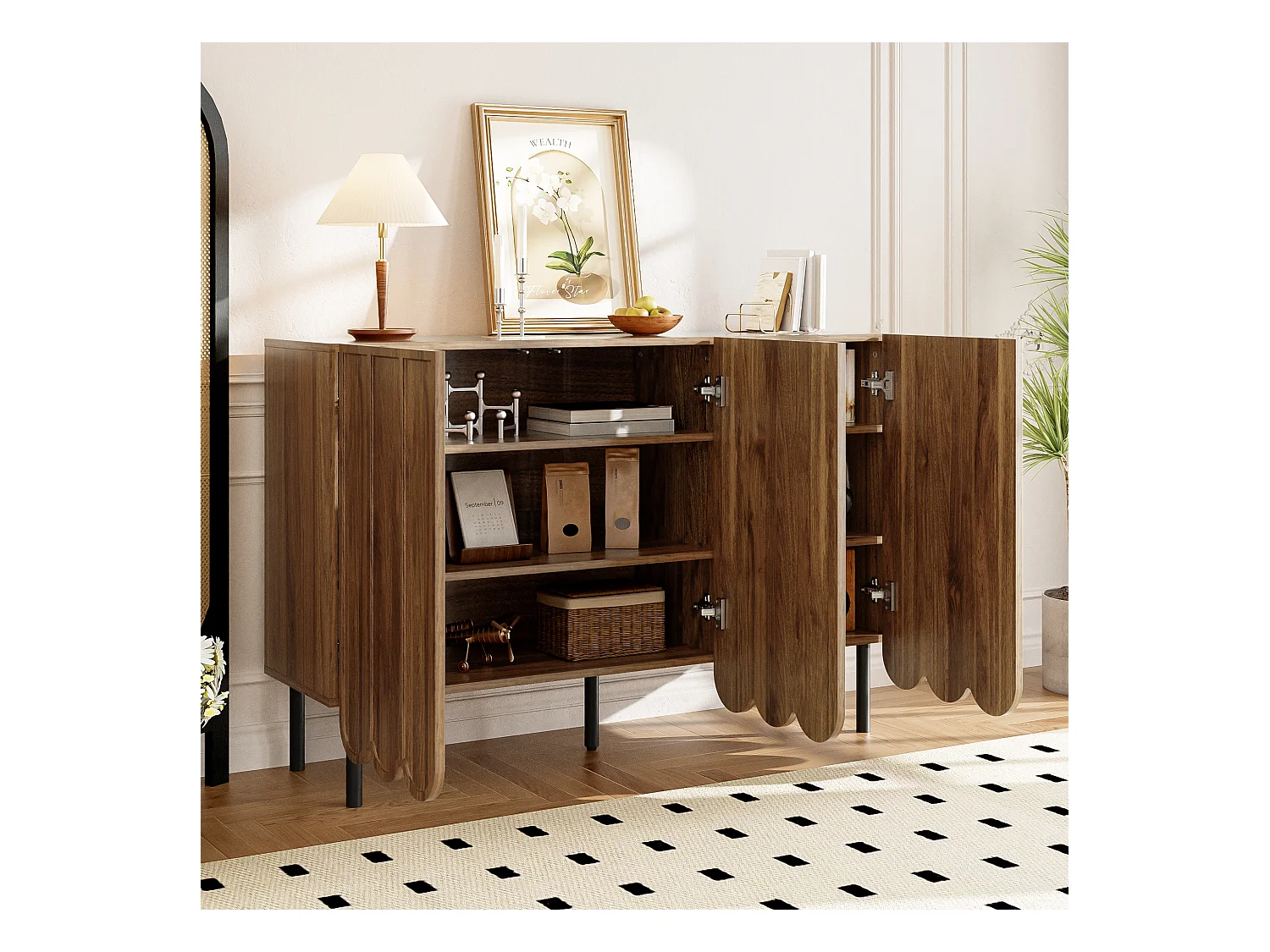 Nowoczesna komoda z falistymi drzwiami - 120 x 35 x 80 cm - z regulowanymi półkami - MDF - ciemny naturalny