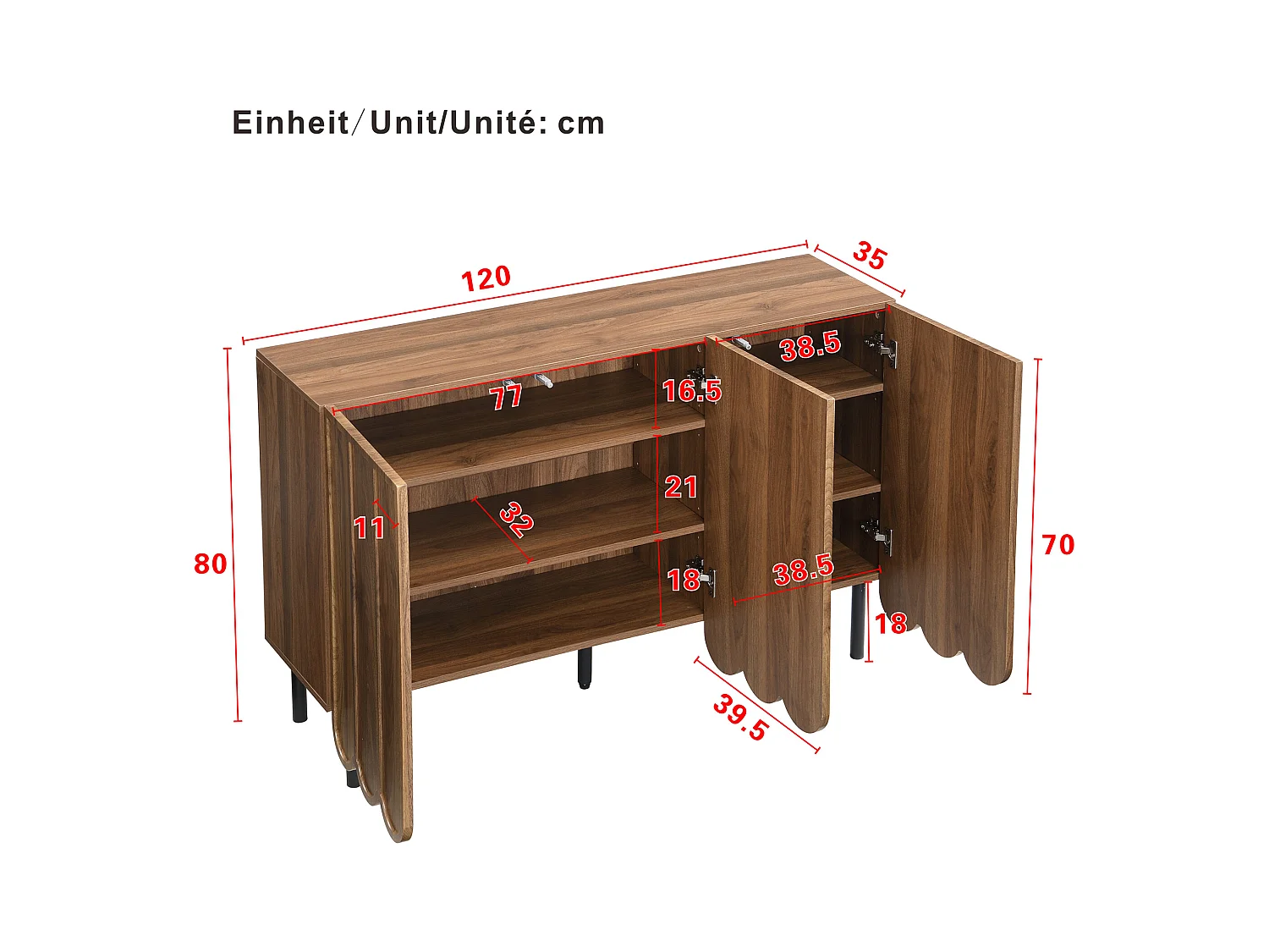 Nowoczesna komoda z falistymi drzwiami - 120 x 35 x 80 cm - z regulowanymi półkami - MDF - ciemny naturalny