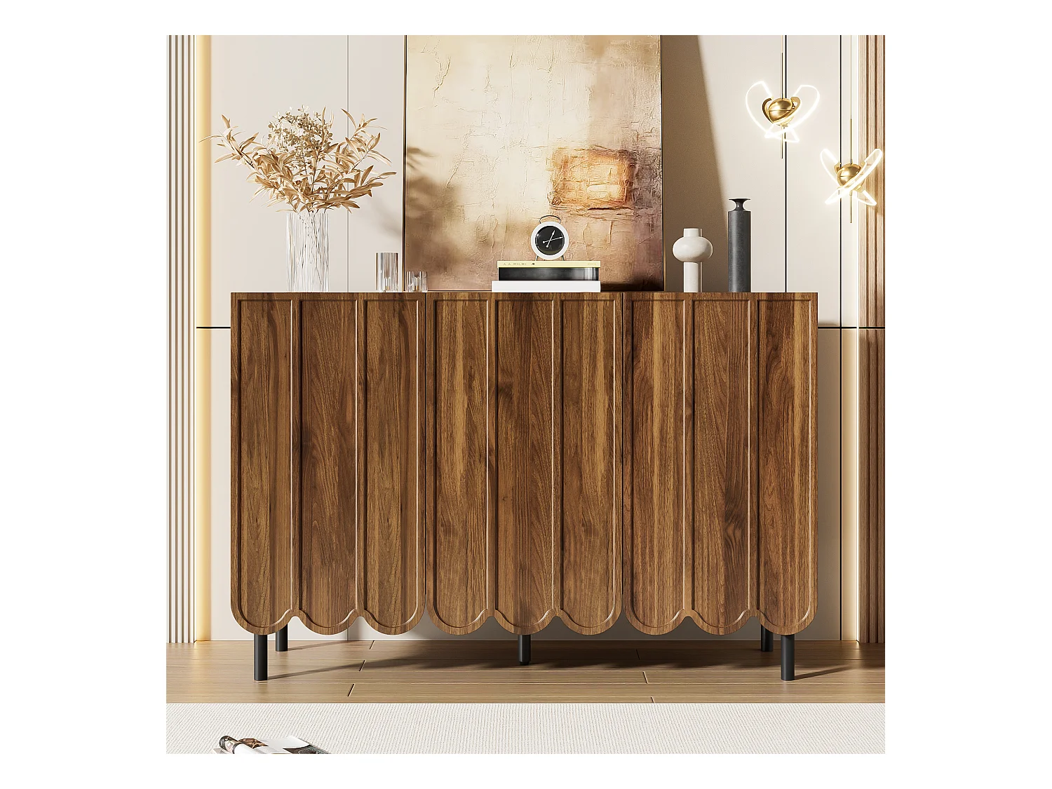 Nowoczesna komoda z falistymi drzwiami - 120 x 35 x 80 cm - z regulowanymi półkami - MDF - ciemny naturalny