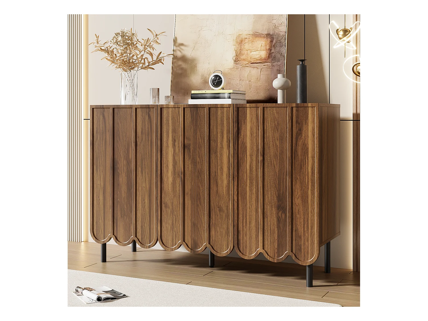 Nowoczesna komoda z falistymi drzwiami - 120 x 35 x 80 cm - z regulowanymi półkami - MDF - ciemny naturalny