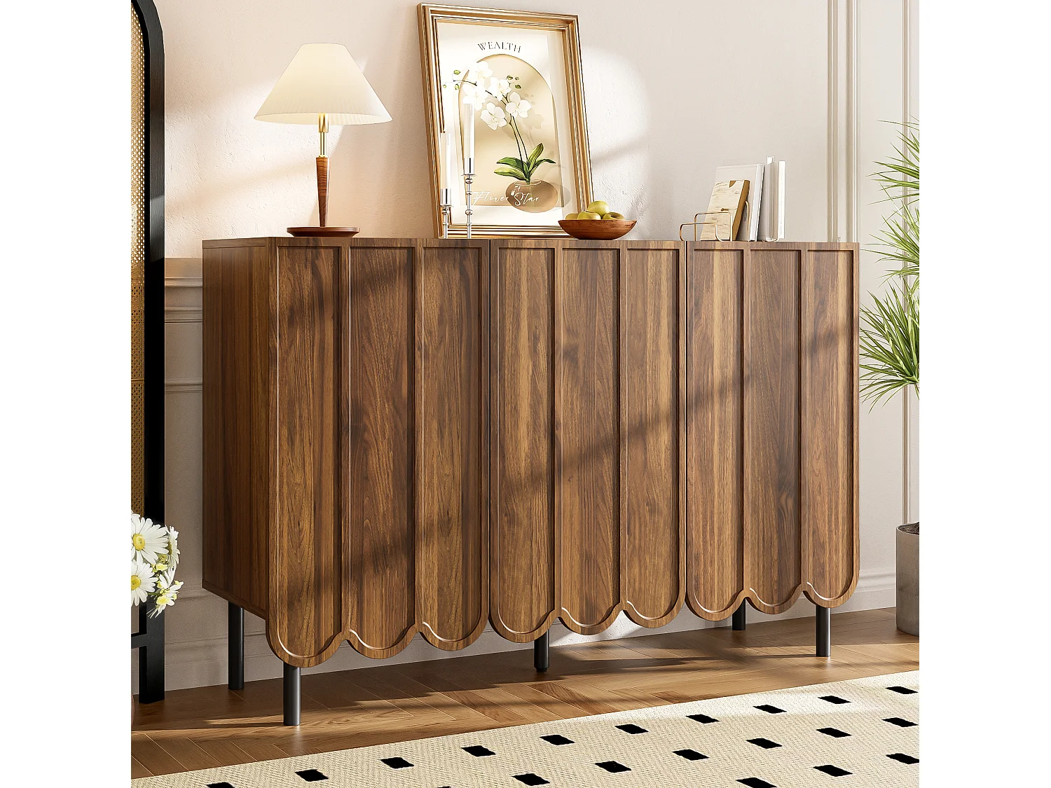 Credenza moderna con ante ondulate - 120 x 35 x 80 cm - con ripiani regolabili - MDF - naturale scuro