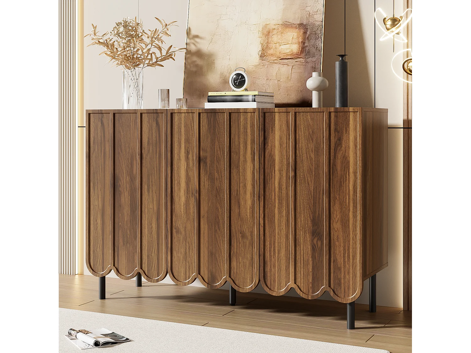 Credenza moderna con ante ondulate - 120 x 35 x 80 cm - con ripiani regolabili - MDF - naturale scuro