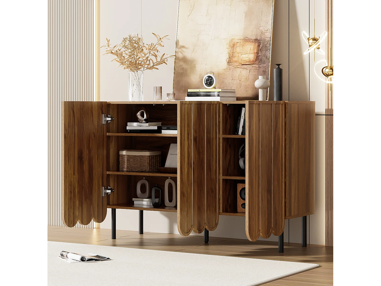 Credenza moderna con ante ondulate - 120 x 35 x 80 cm - con ripiani regolabili - MDF - naturale scuro