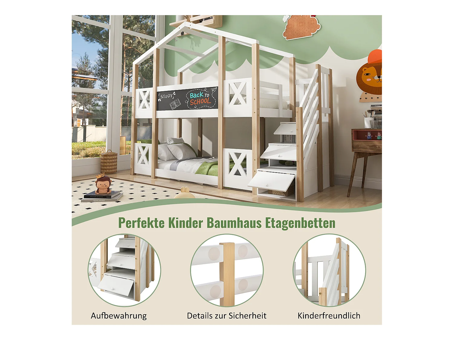 Łóżka piętrowe dla dzieci - 2 x 90 x 200 cm - domek na drzewie - schowek w schodach - białe