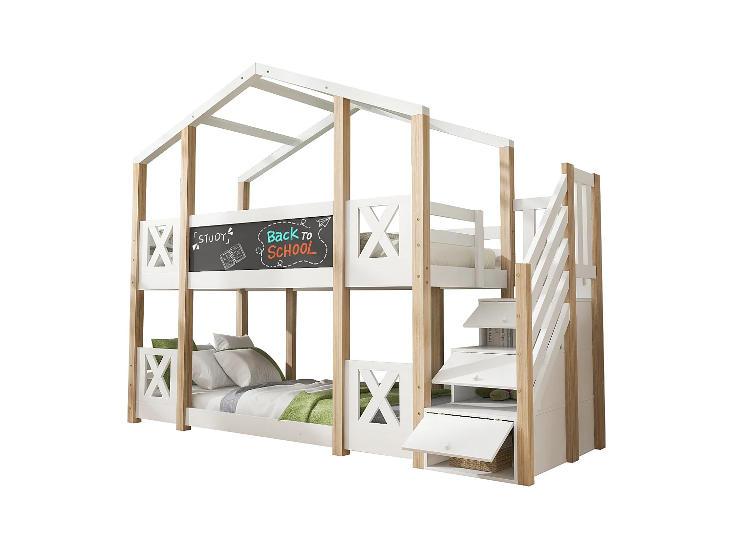 Łóżka piętrowe dla dzieci - 2 x 90 x 200 cm - domek na drzewie - schowek w schodach - białe