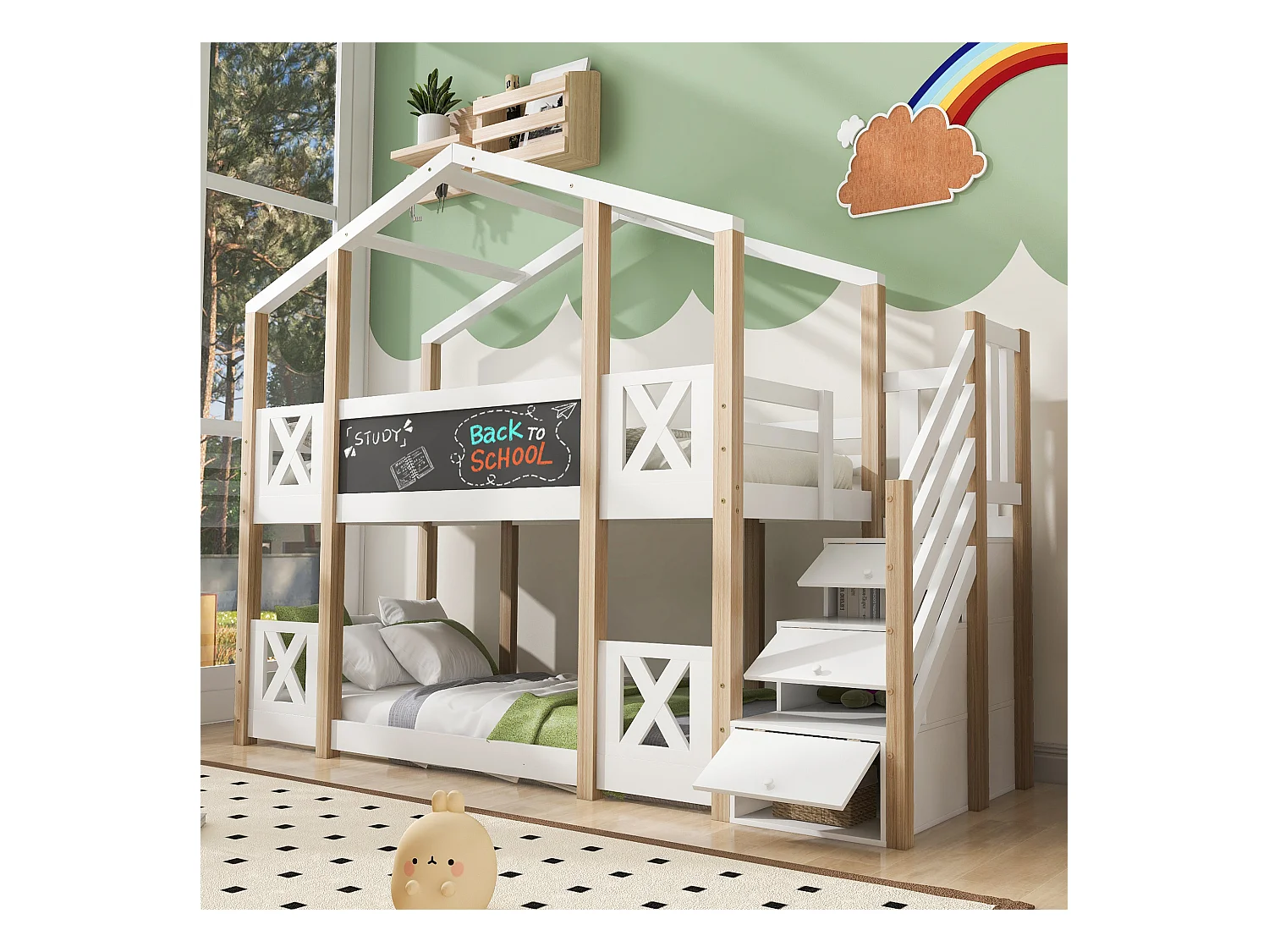 Lit superposés enfant - 2 x 90 x 200 cm - cabane dans les arbres - rangements dans l'escalier - blanc