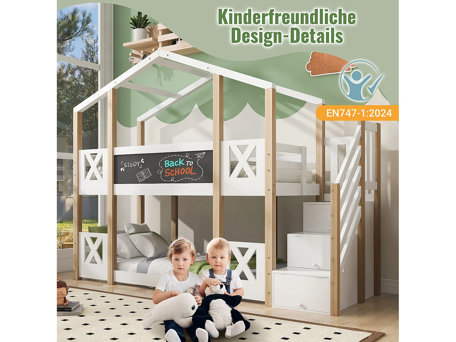 Lit superposés enfant - 2 x 90 x 200 cm - cabane dans les arbres - rangements dans l'escalier - blanc