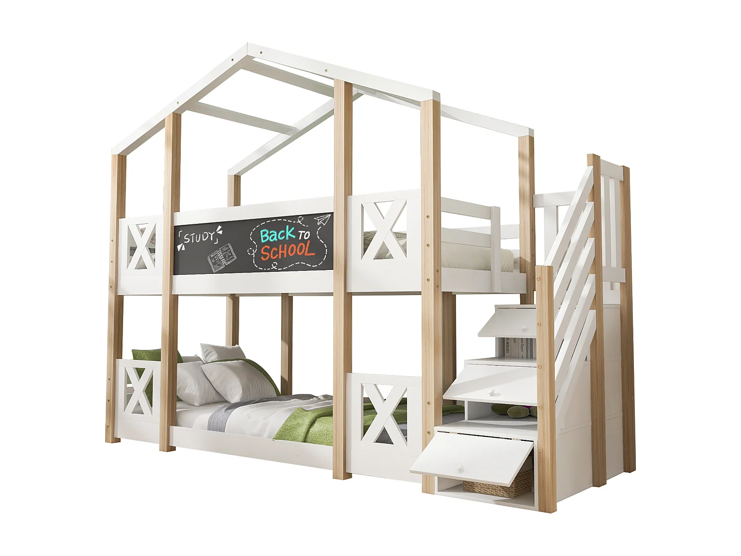 Lit superposés enfant - 2 x 90 x 200 cm - cabane dans les arbres - rangements dans l'escalier - blanc