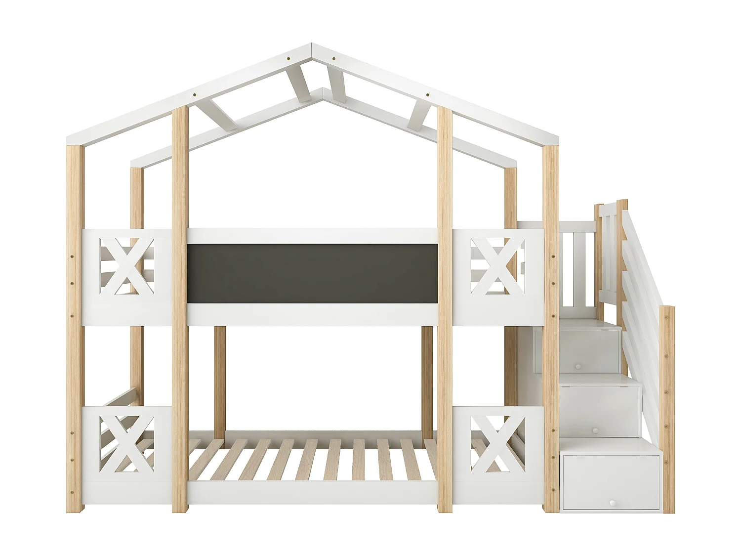 Lit superposés enfant - 2 x 90 x 200 cm - cabane dans les arbres - rangements dans l'escalier - blanc