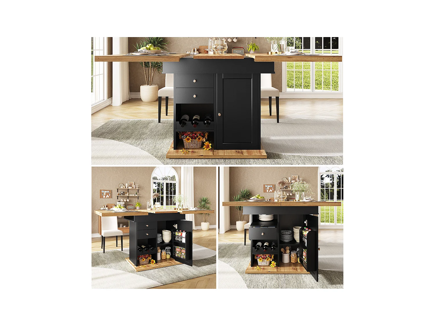 Table à manger pliable 4 - 6 places - 110-140 x 80 x 75 cm - extensible - avec 1 porte + 2 tiroirs - MDF - noir