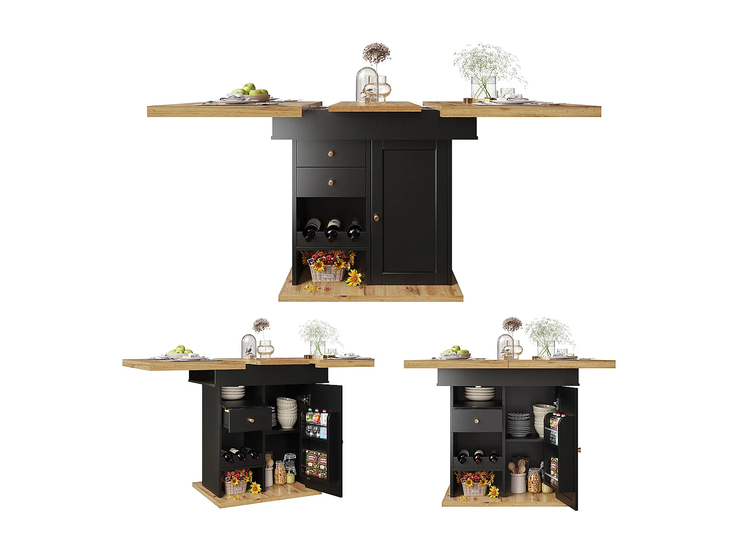 Table à manger pliable 4 - 6 places - 110-140 x 80 x 75 cm - extensible - avec 1 porte + 2 tiroirs - MDF - noir