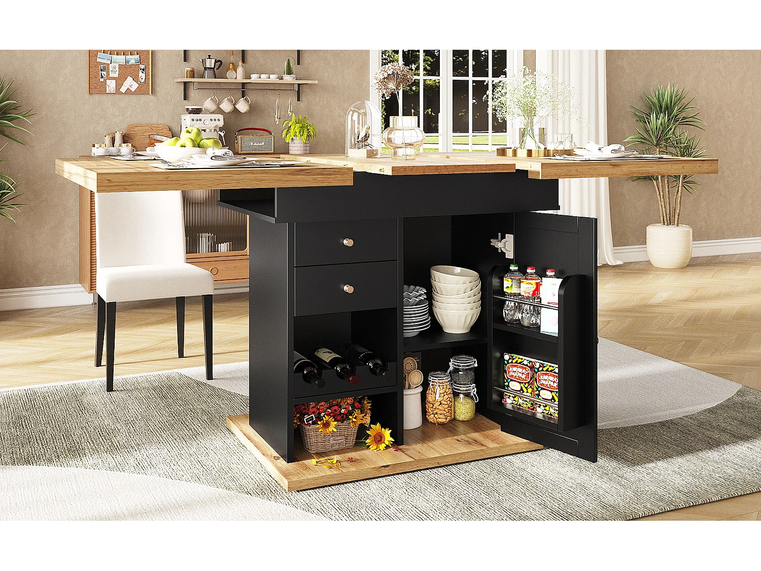 Table à manger pliable 4 - 6 places - 110-140 x 80 x 75 cm - extensible - avec 1 porte + 2 tiroirs - MDF - noir