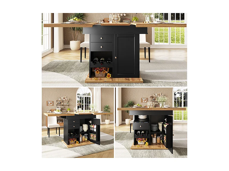 Klappbarer Esstisch 4 – 6 Plätze – 110-140 x 80 x 75 cm – ausziehbar – mit 1 Tür + 2 Schubladen – MDF – schwarz