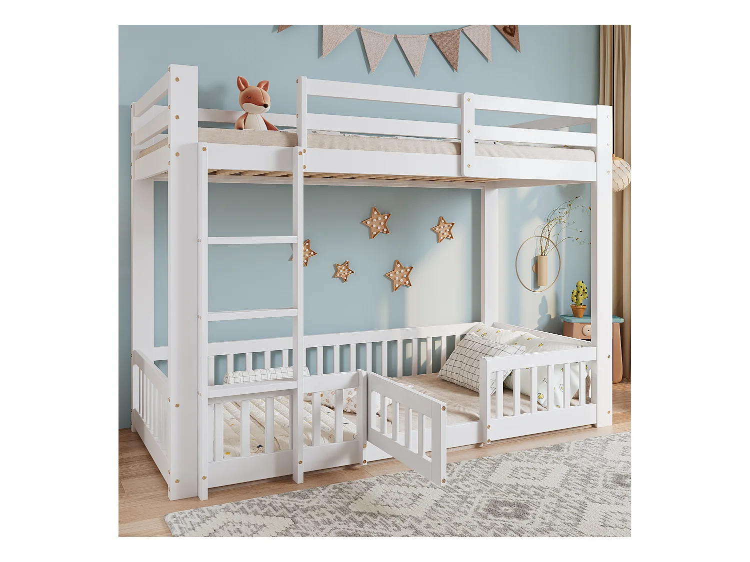 Kinder-Etagenbett - 2 x 90 x 200 cm - mit rechtwinkliger Treppe + Geländer + Tür Natur - Holz - Weiß
