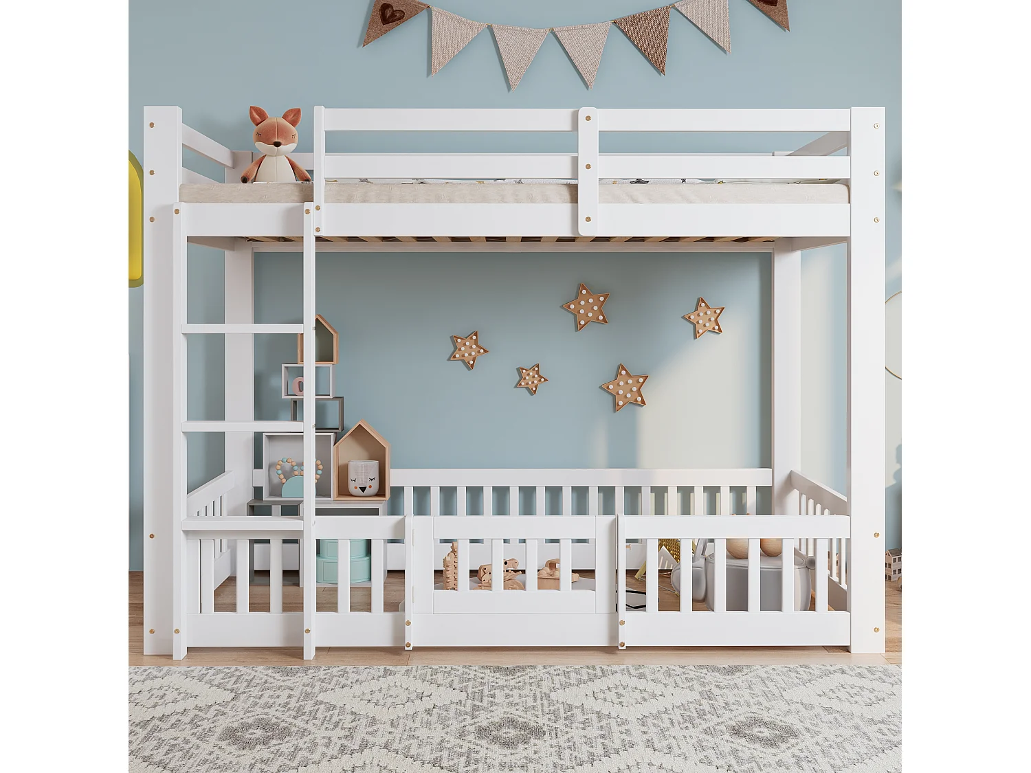 Kinder-Etagenbett - 2 x 90 x 200 cm - mit rechtwinkliger Treppe + Geländer + Tür Natur - Holz - Weiß