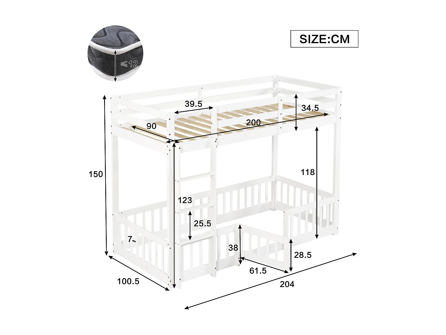 Kinder-Etagenbett - 2 x 90 x 200 cm - mit rechtwinkliger Treppe + Geländer + Tür Natur - Holz - Weiß