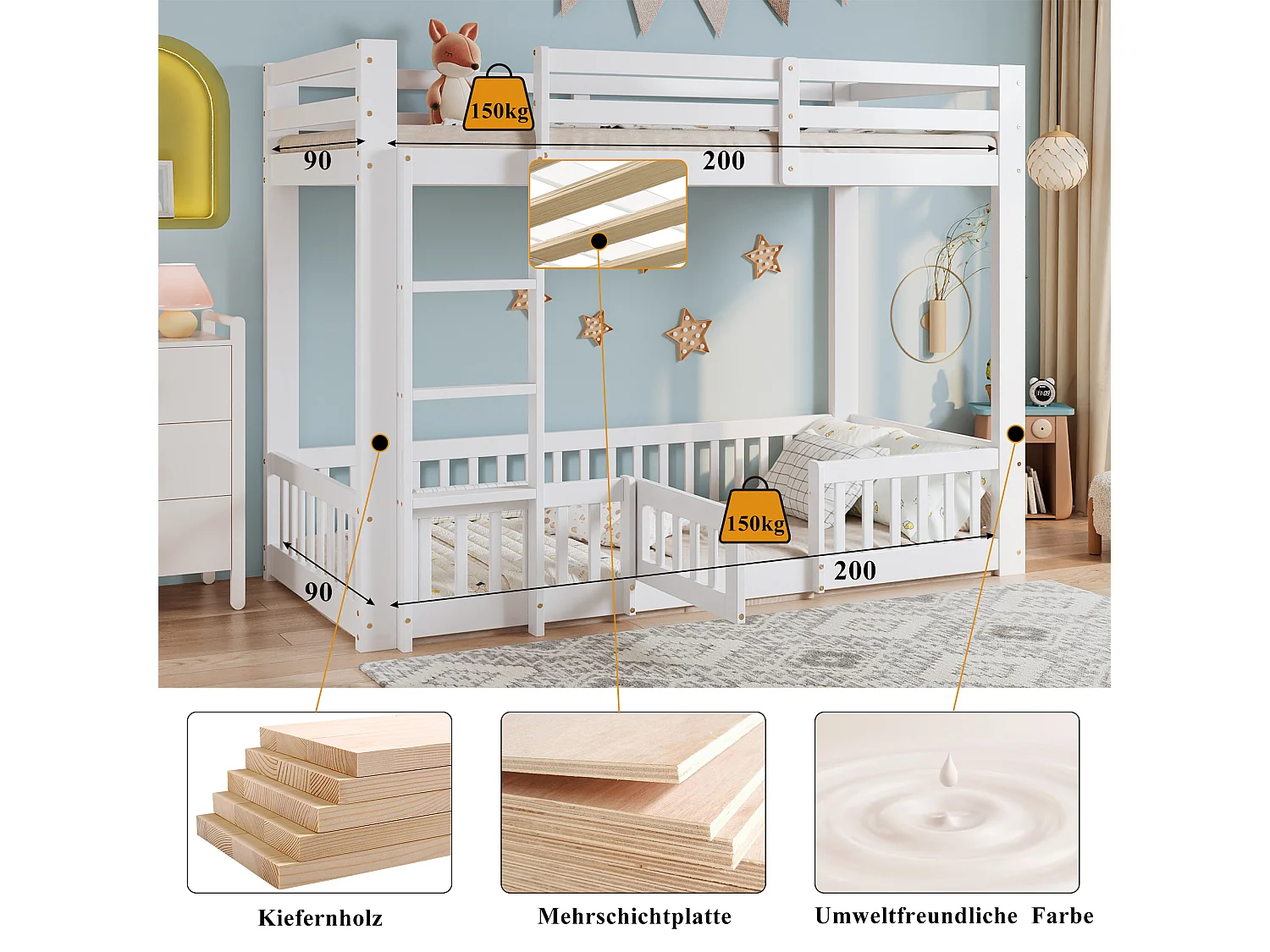 Kinder-Etagenbett - 2 x 90 x 200 cm - mit rechtwinkliger Treppe + Geländer + Tür Natur - Holz - Weiß